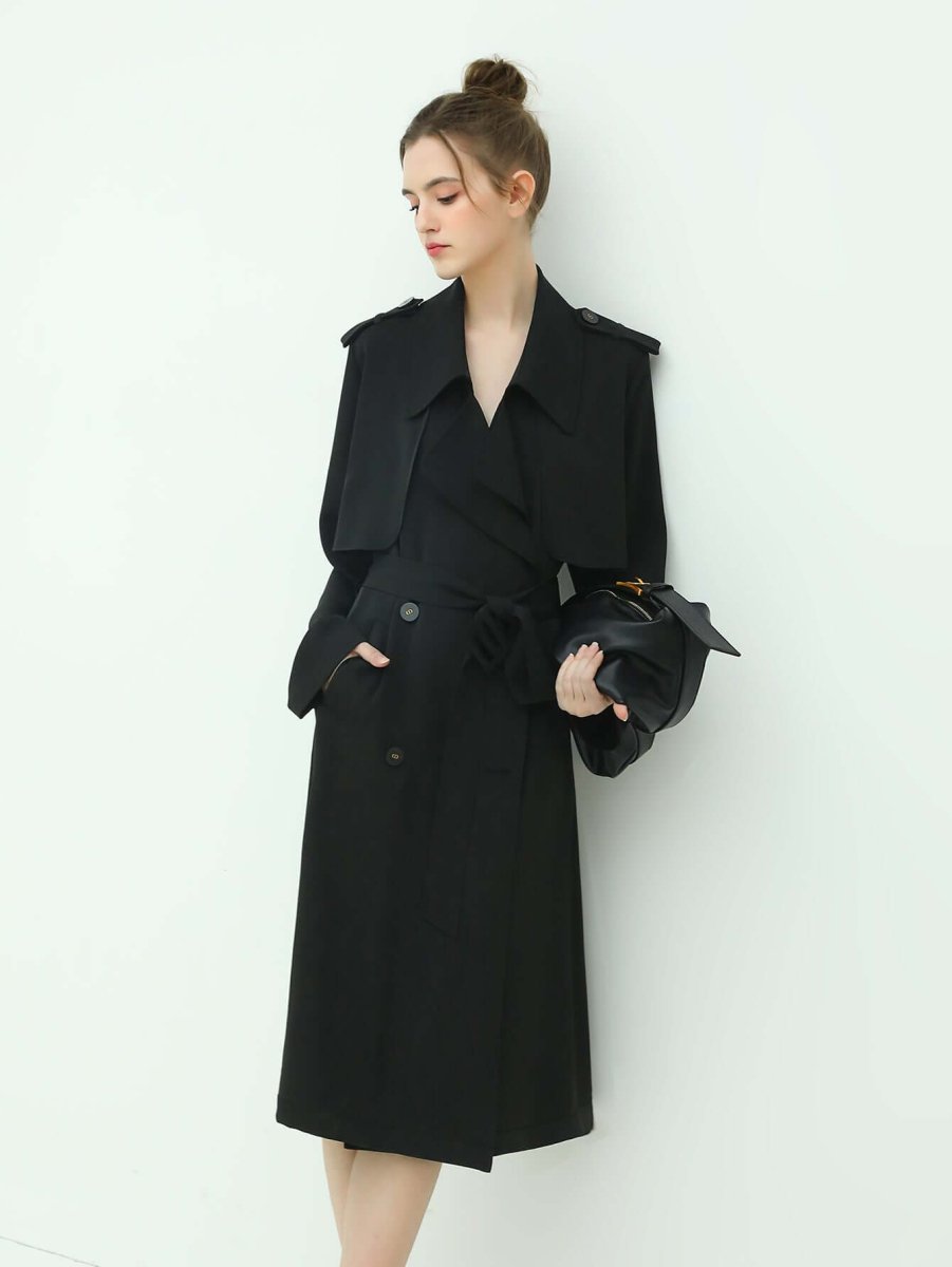modern two way draped ruffled trenched coat all black 1