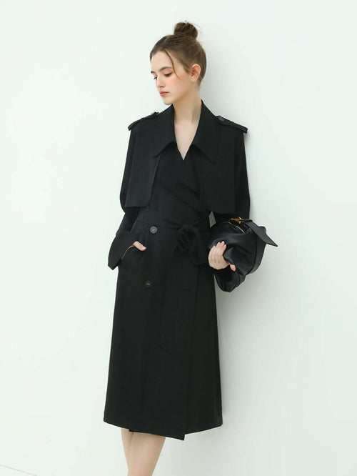 modern two way draped ruffled trenched coat all black 1