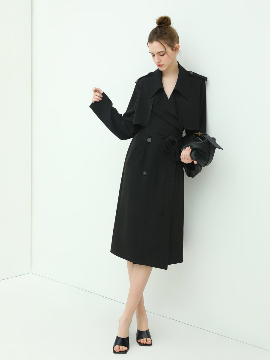 modern two way draped ruffled trenched coat all black 2