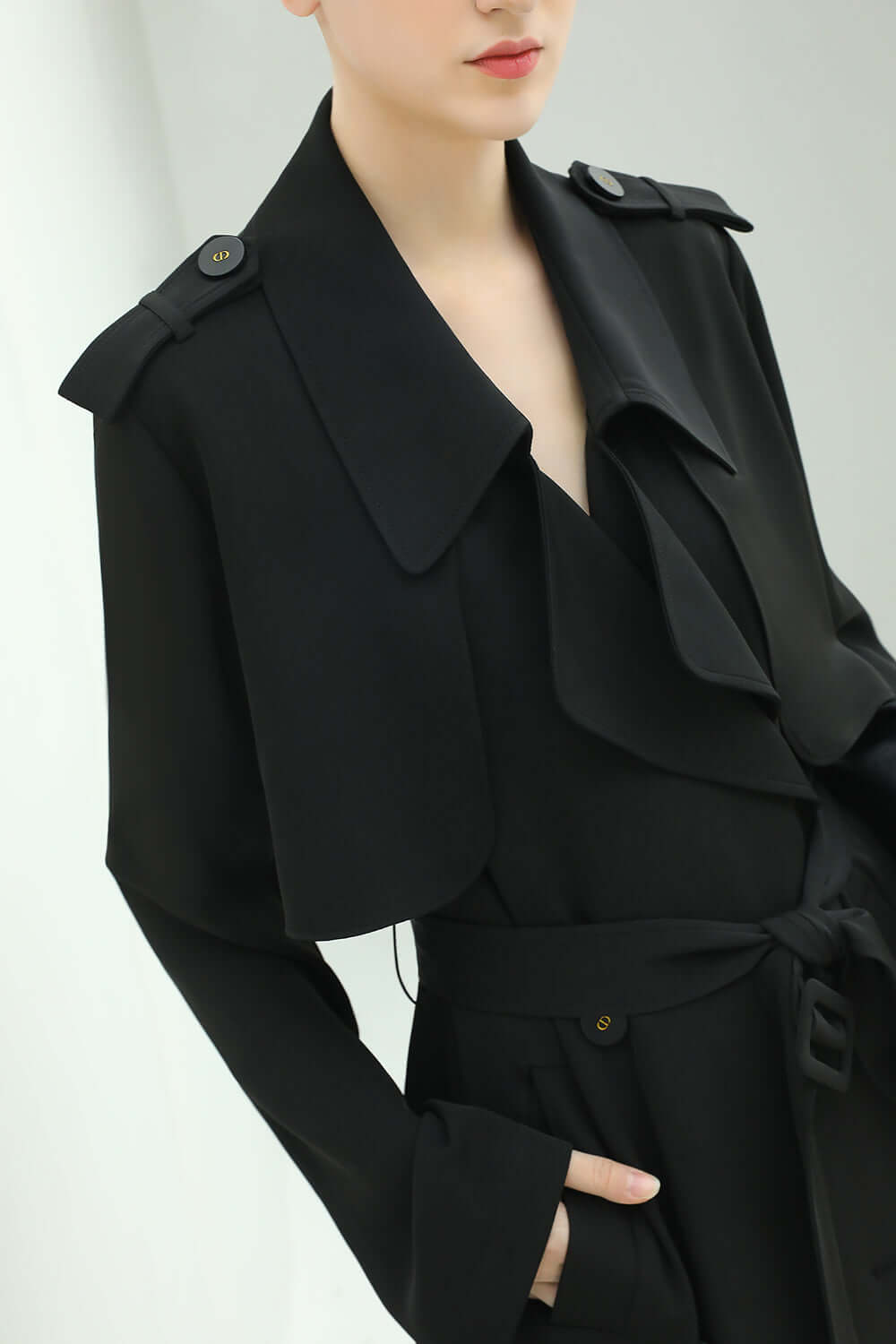 modern two way draped ruffled trenched coat all black 3