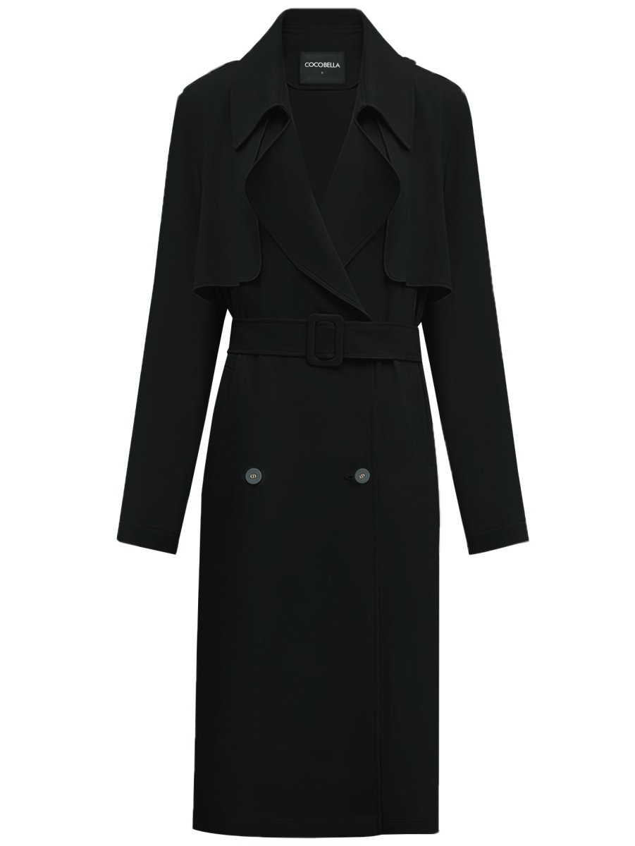 modern two way draped ruffled trenched coat all black 4