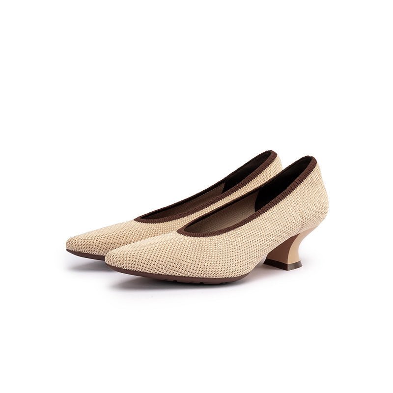 modish shallow slip on block heel pumps for commuting all beige 2