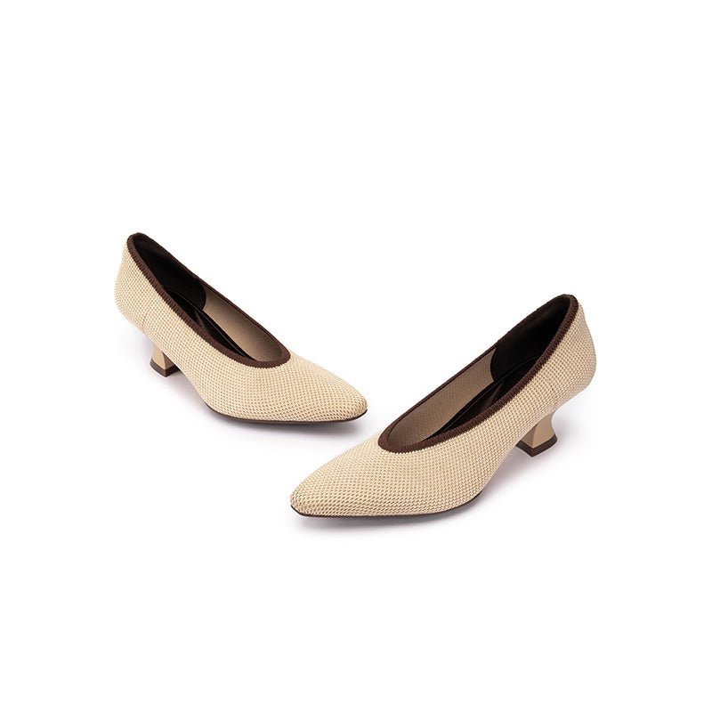 modish shallow slip on block heel pumps for commuting all beige 3