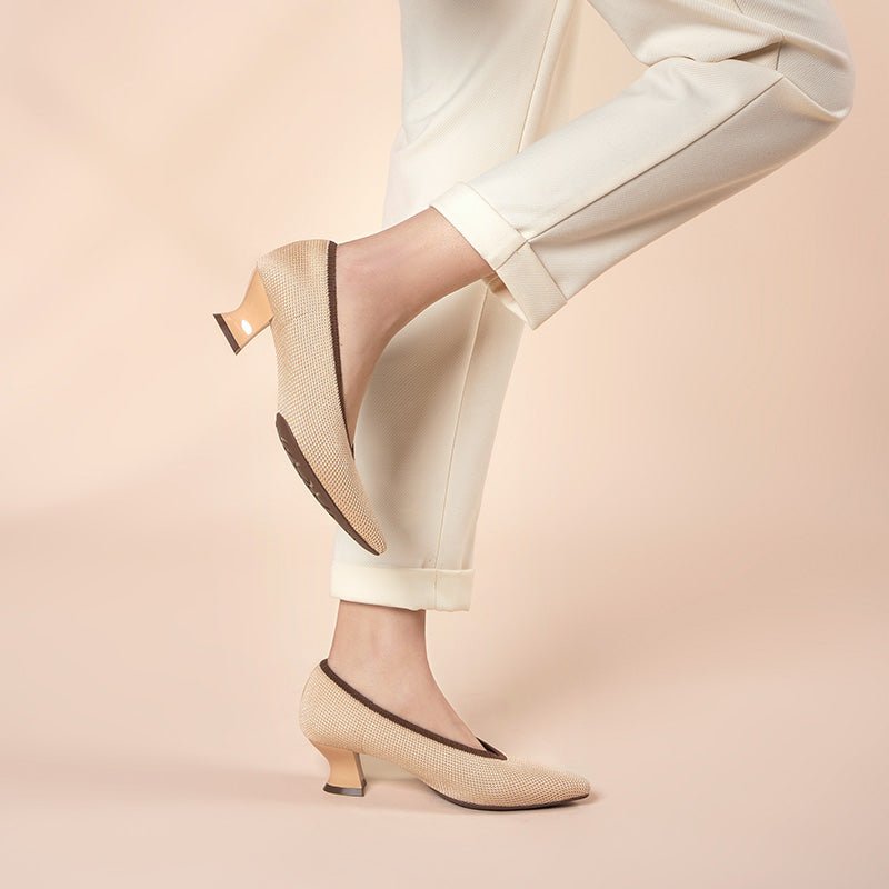 modish shallow slip on block heel pumps for commuting all beige 6