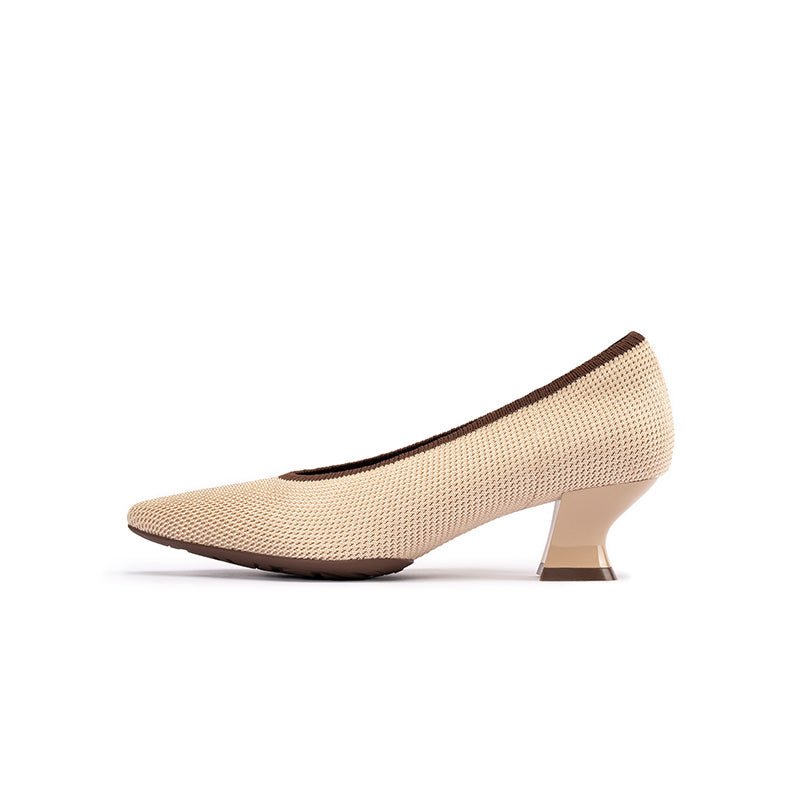 modish shallow slip on block heel pumps for commuting all beige 1
