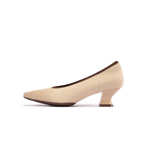 Modish Slip-On Block Heel Pumps – Pointed Toe Knit Commuter Heels