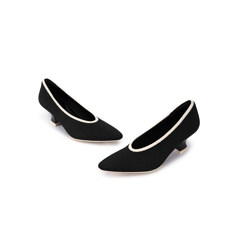Modish Slip-On Block Heel Pumps – Pointed Toe Knit Commuter Heels