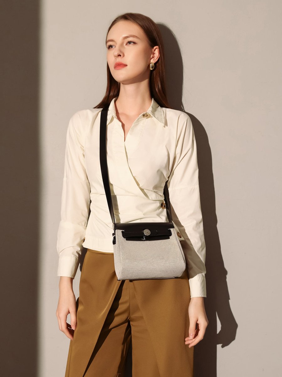 Monet Mini Canvas & Leather Crossbody Bag – Structured Colorblock Shoulder Bag with Turn-Lock Closure