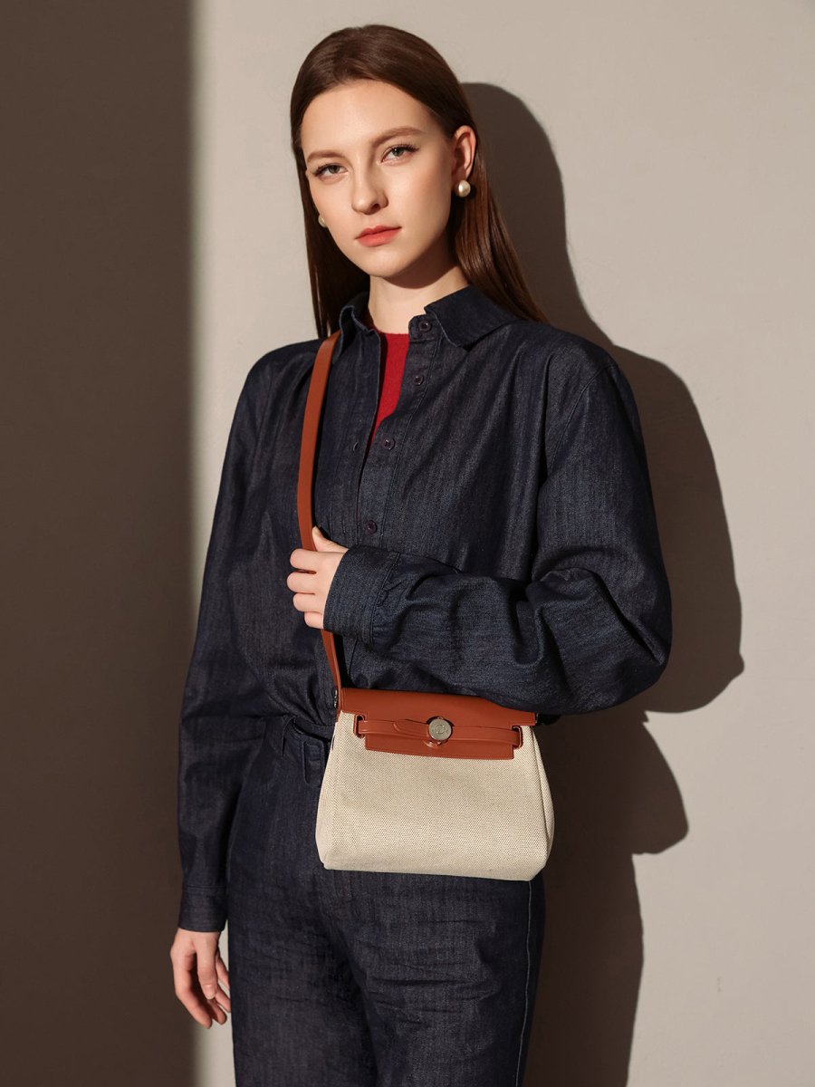 Monet Mini Canvas & Leather Crossbody Bag – Structured Colorblock Shoulder Bag with Turn-Lock Closure