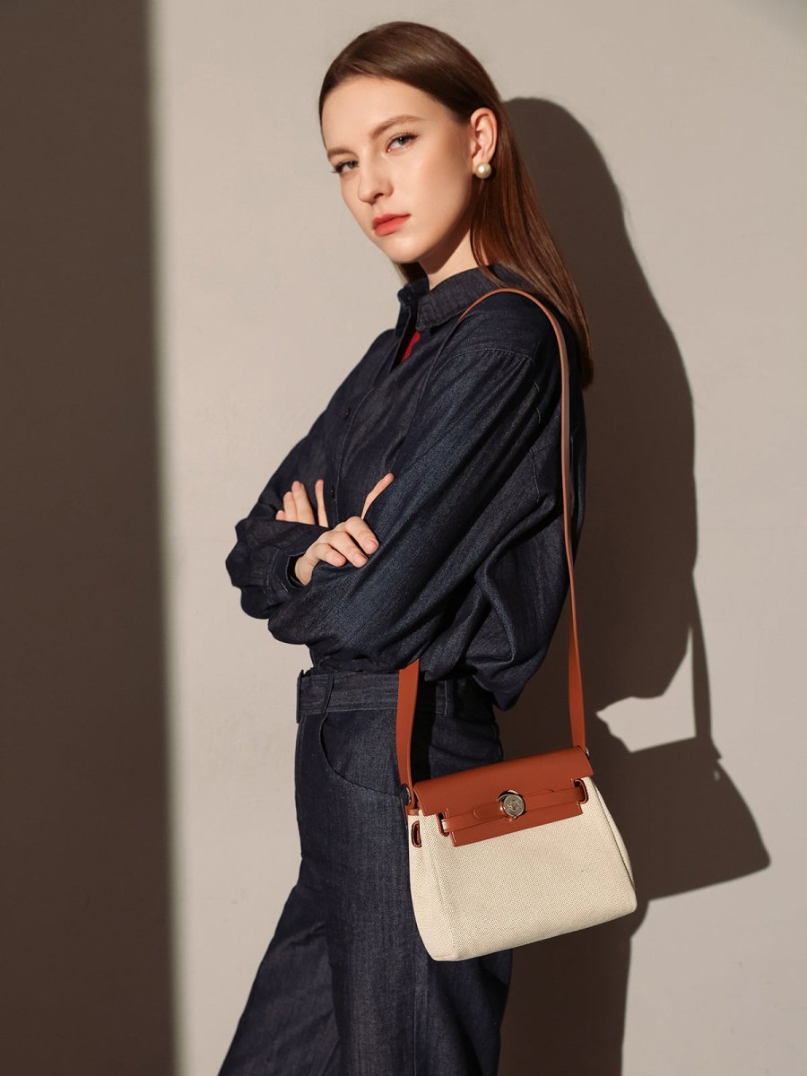 Monet Mini Canvas & Leather Crossbody Bag – Structured Colorblock Shoulder Bag with Turn-Lock Closure