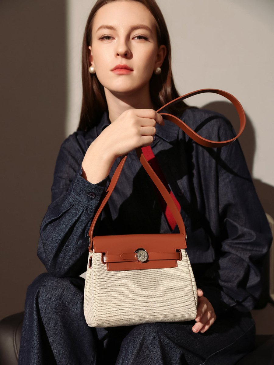 Monet Mini Canvas & Leather Crossbody Bag – Structured Colorblock Shoulder Bag with Turn-Lock Closure