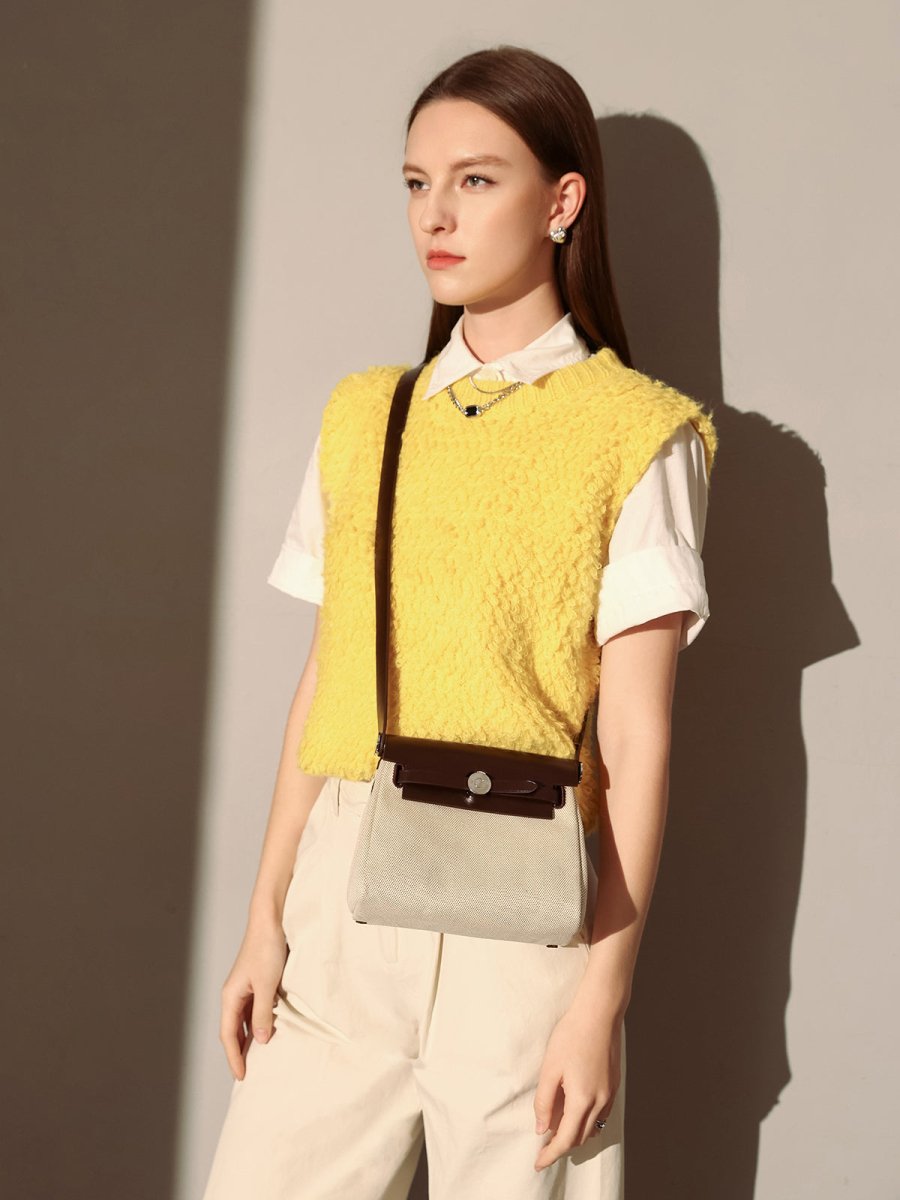 Monet Mini Canvas & Leather Crossbody Bag – Structured Colorblock Shoulder Bag with Turn-Lock Closure