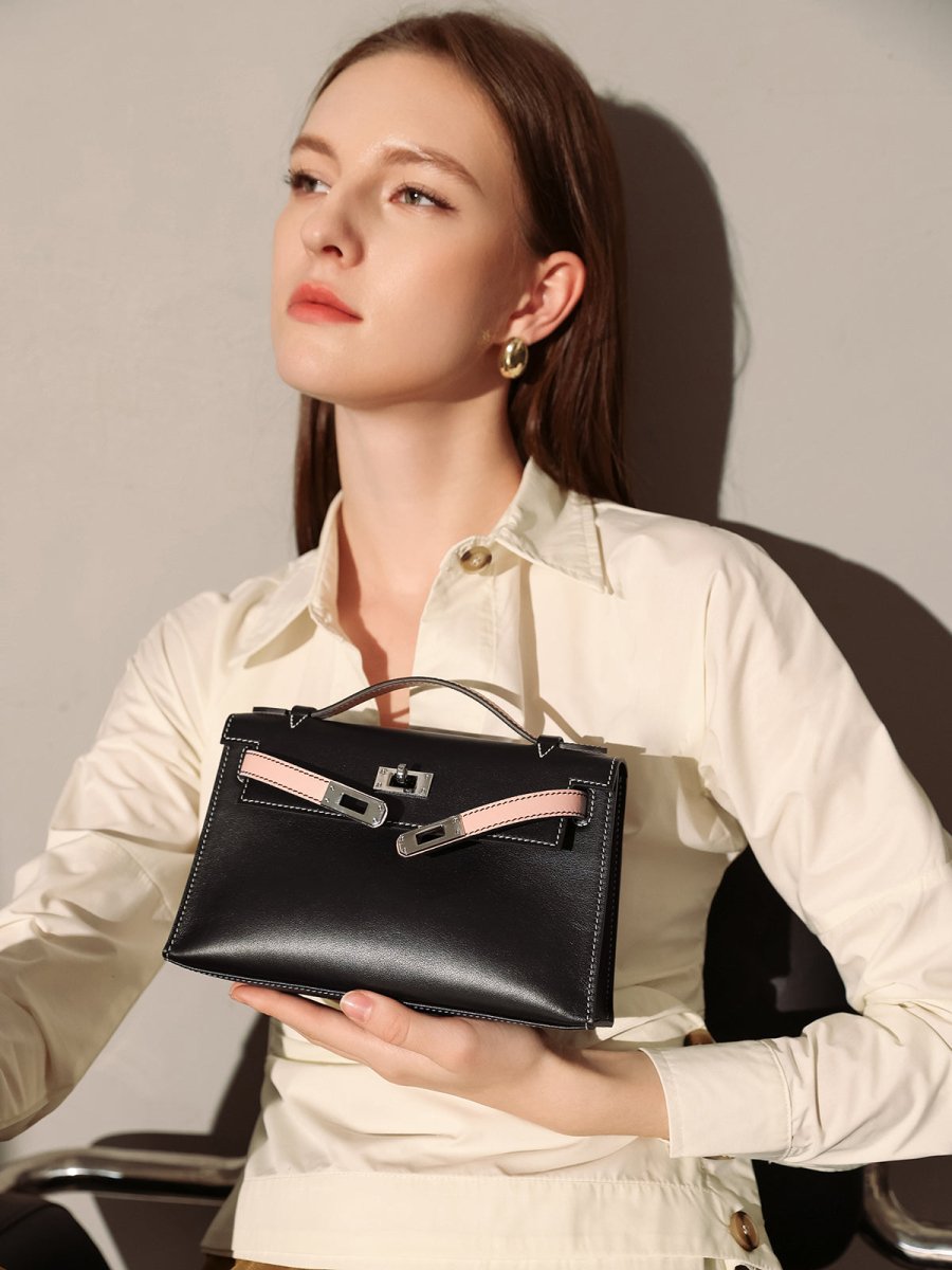 Monroe Colorblock Leather Satchel – Structured Top Handle Bag with Turn-Lock Closure & Chain Strap