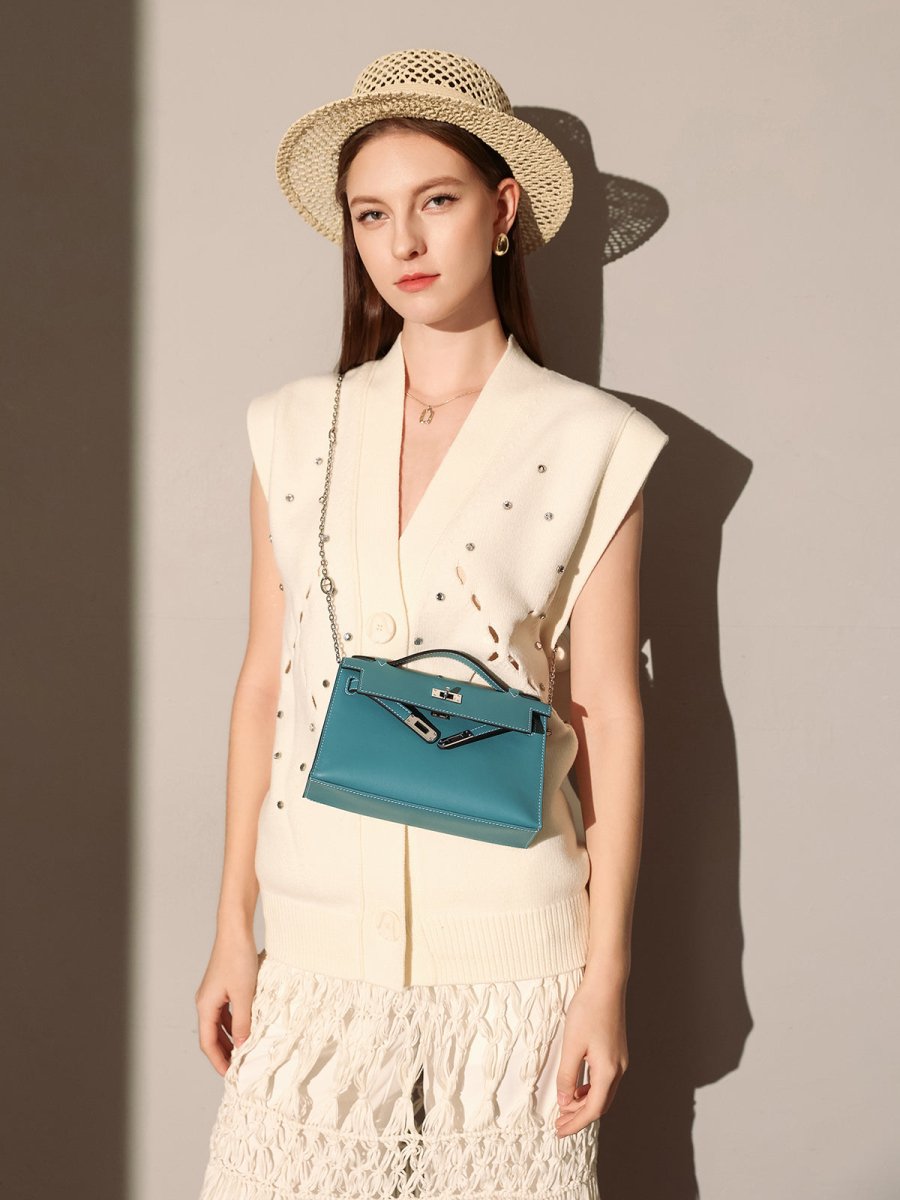 Monroe Colorblock Leather Satchel – Structured Top Handle Bag with Turn-Lock Closure & Chain Strap