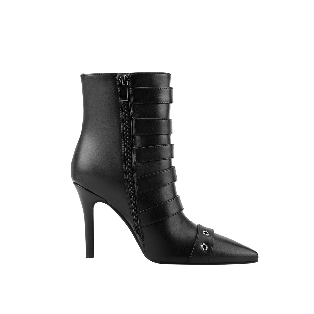 Multi Buckle Strap Black Leather Pointed Ankle Boots - 0cm