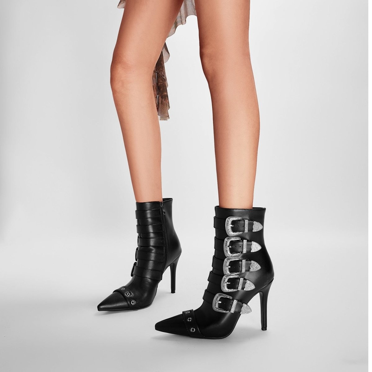 Multi Buckle Strap Black Leather Pointed Ankle Boots - 0cm