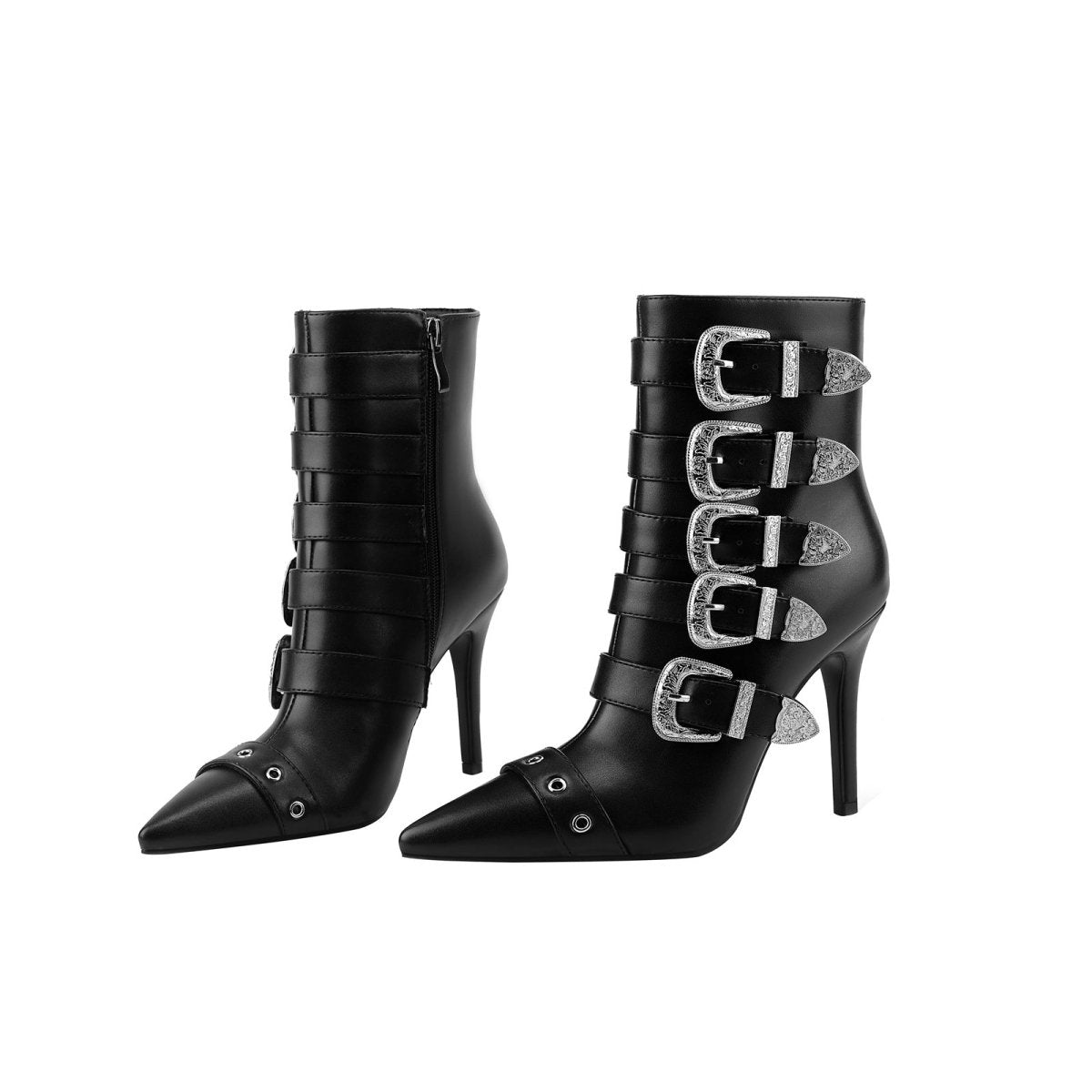 Multi Buckle Strap Black Leather Pointed Ankle Boots - 0cm