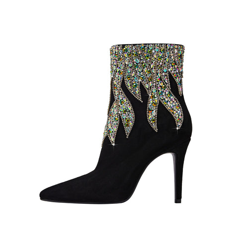 Multi Color Gem Encrusted Flame Black Ankle Boots