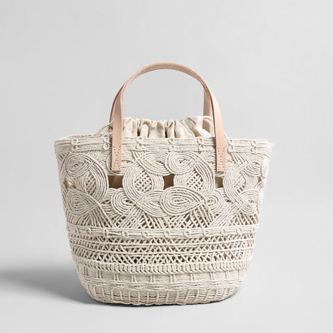 Multi-Pattern Macramé Basket Tote – Convertible Crossbody with Leather Handles