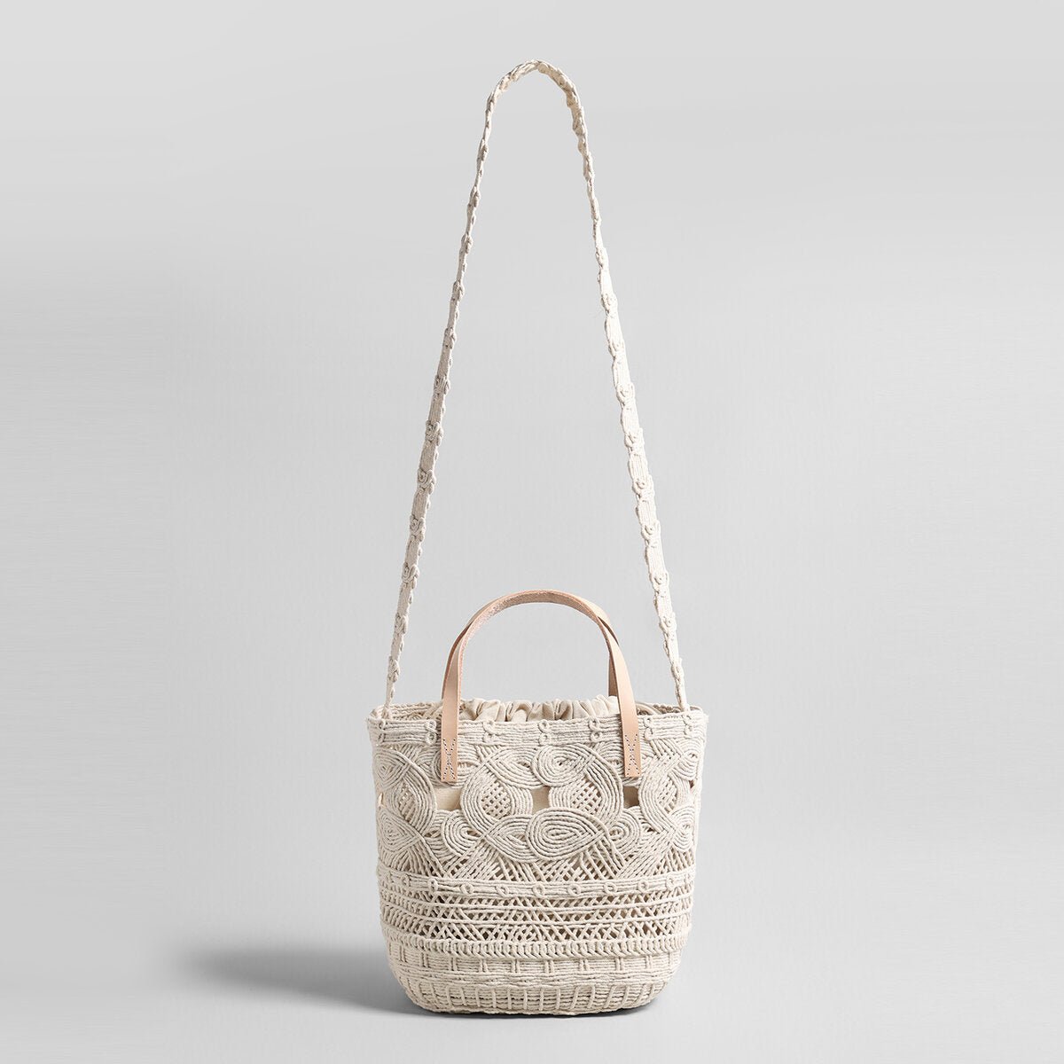 Multi-Pattern Macramé Basket Tote – Convertible Crossbody with Leather Handles