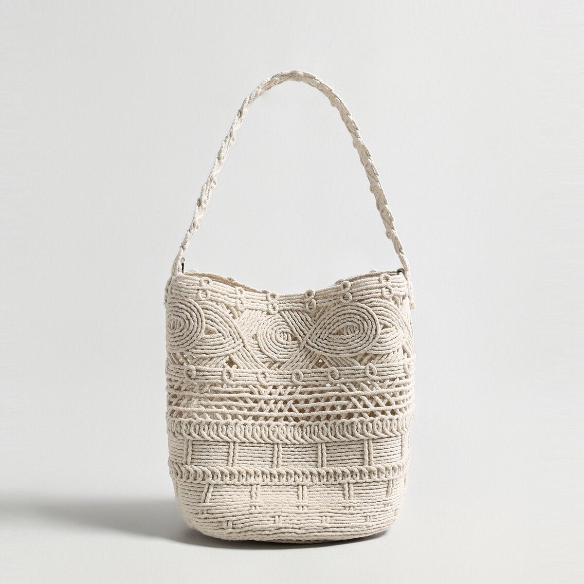 Multi-Pattern Macramé Bucket Bag – Handwoven Convertible Crossbody with Chain Strap