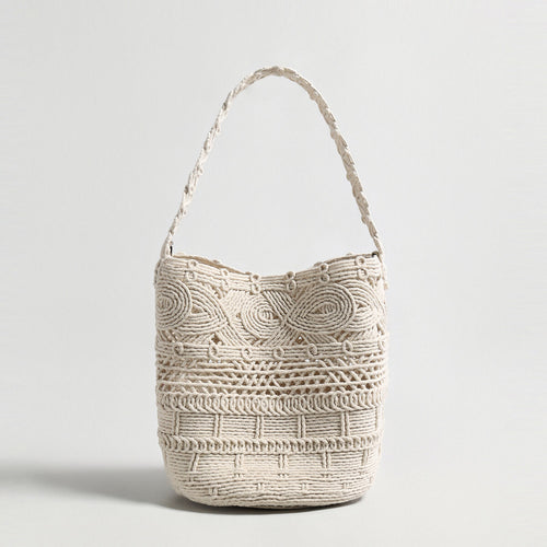 Multi-Pattern Macramé Bucket Bag – Handwoven Convertible Crossbody with Chain Strap