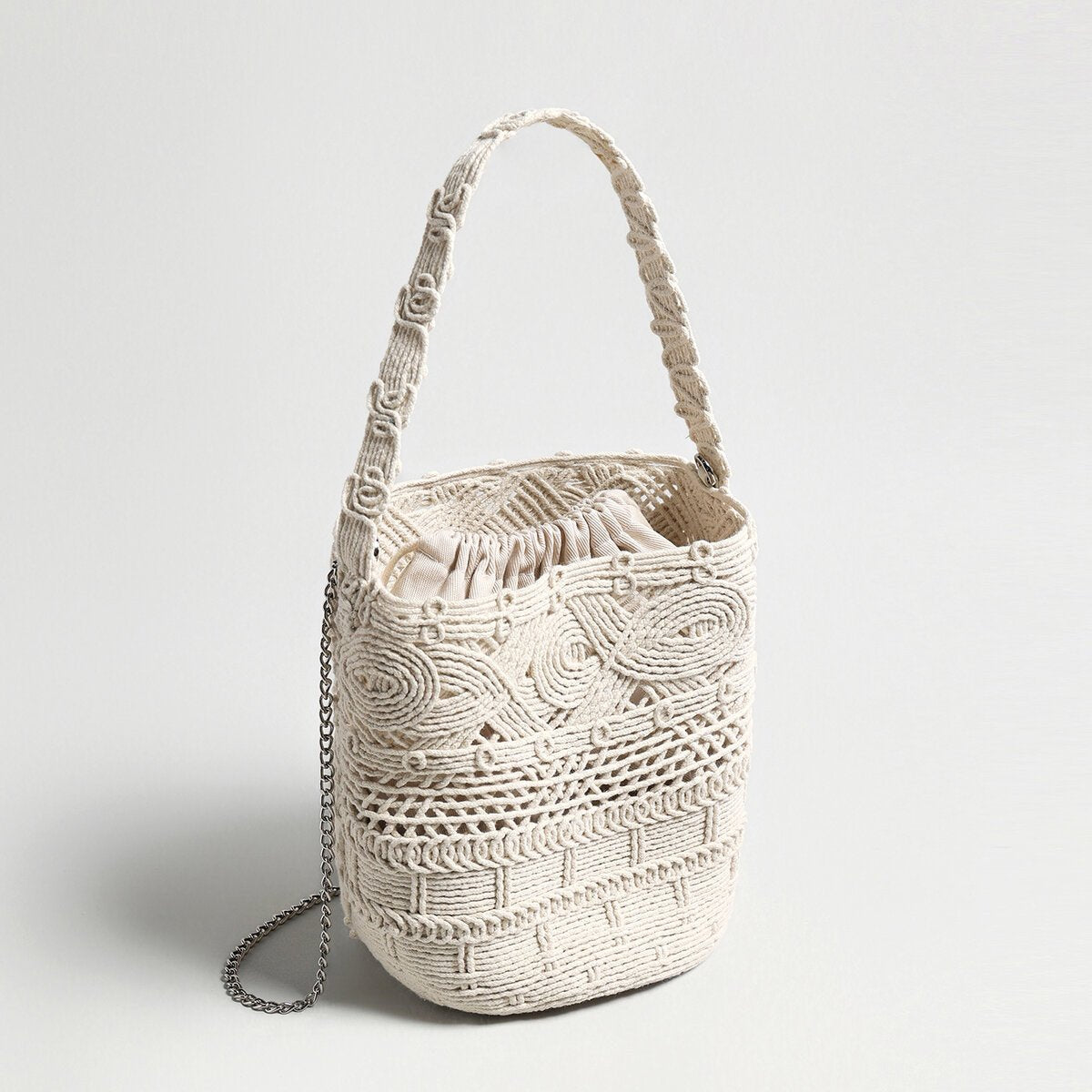 Multi-Pattern Macramé Bucket Bag – Handwoven Convertible Crossbody with Chain Strap