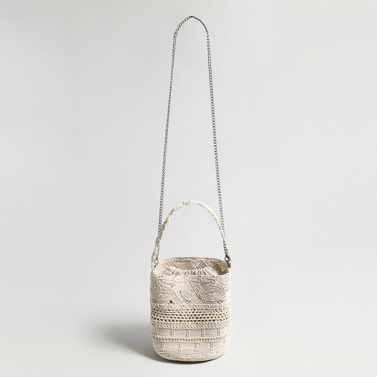 Multi-Pattern Macramé Bucket Bag – Handwoven Convertible Crossbody with Chain Strap