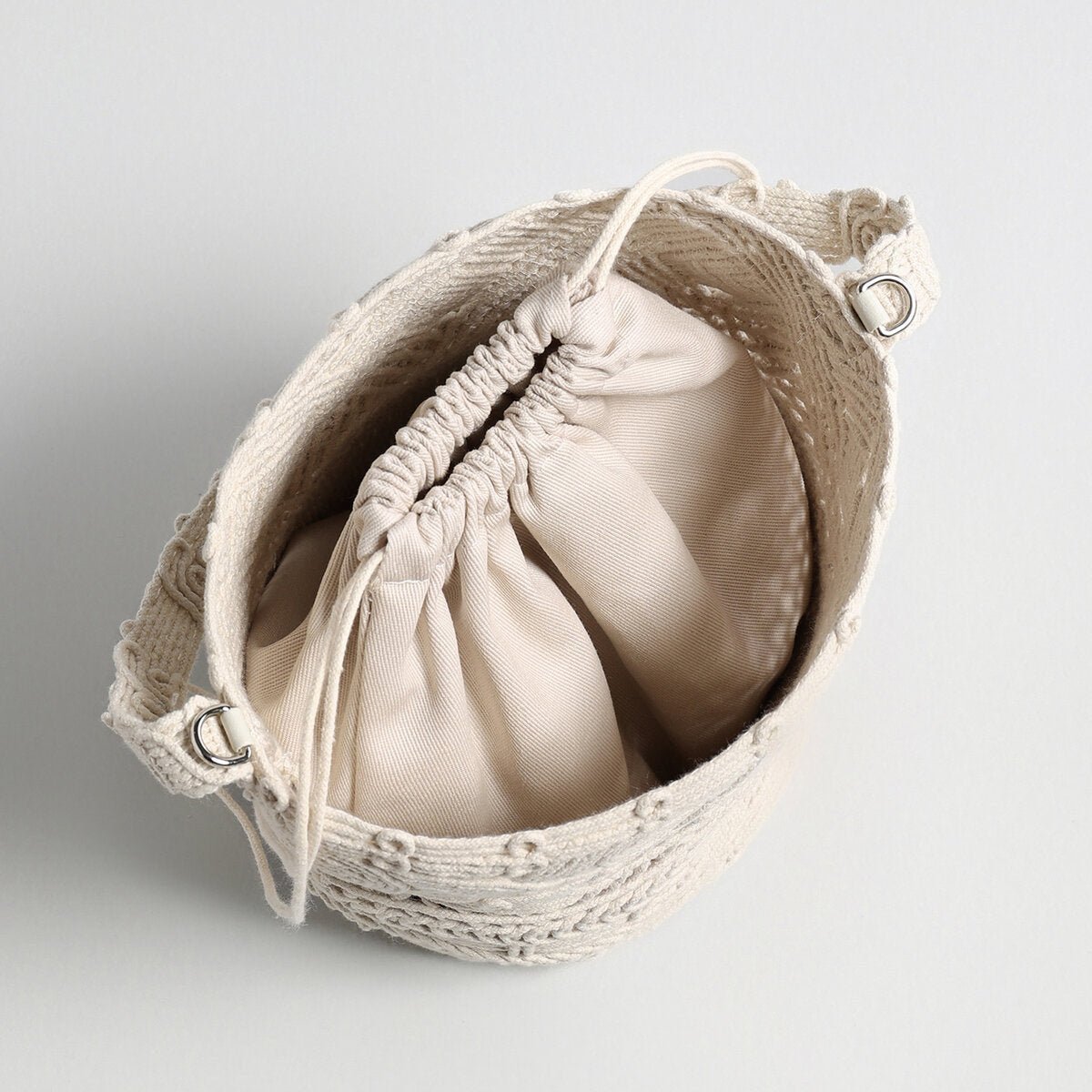 Multi-Pattern Macramé Bucket Bag – Handwoven Convertible Crossbody with Chain Strap