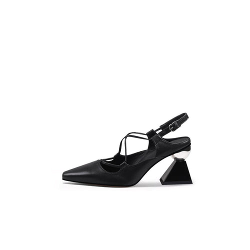 multi strap pointed toe block heels all black 1