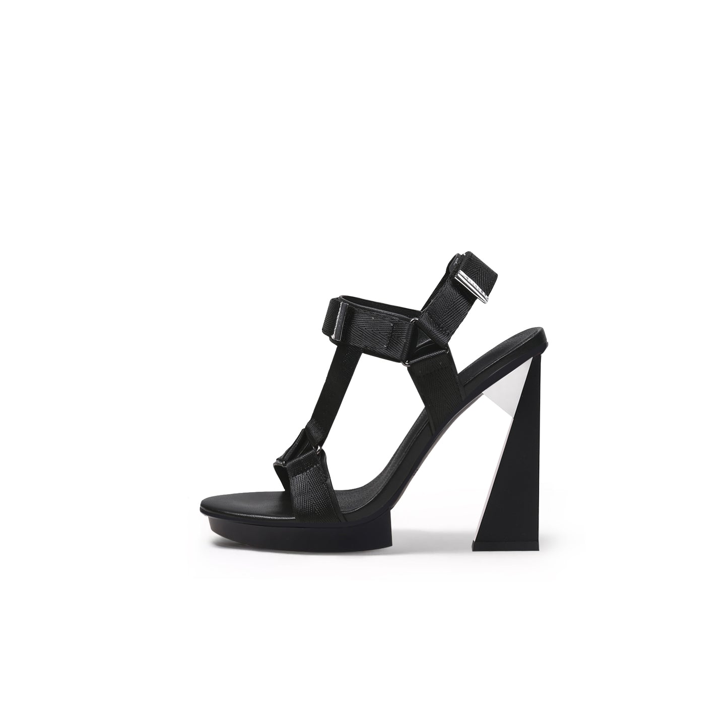 multi strap triangular geometric heels all black 1