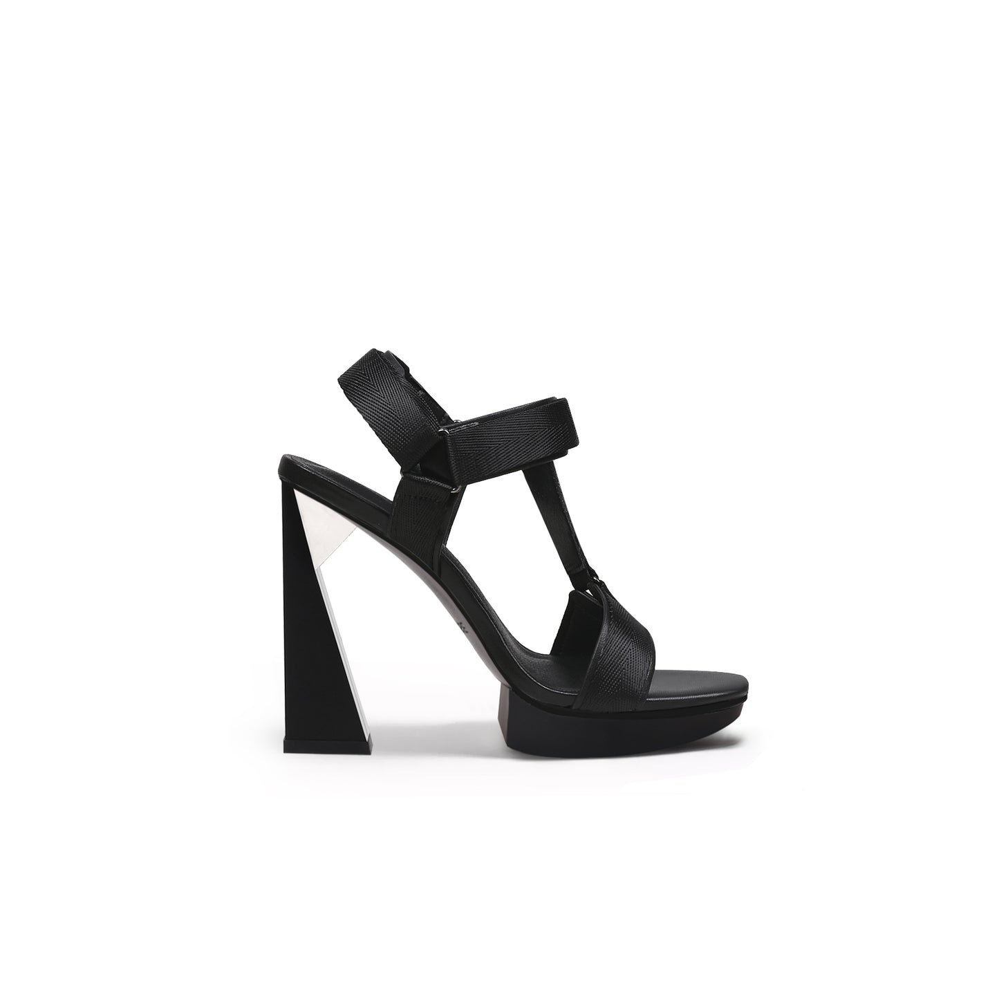 multi strap triangular geometric heels all black 3