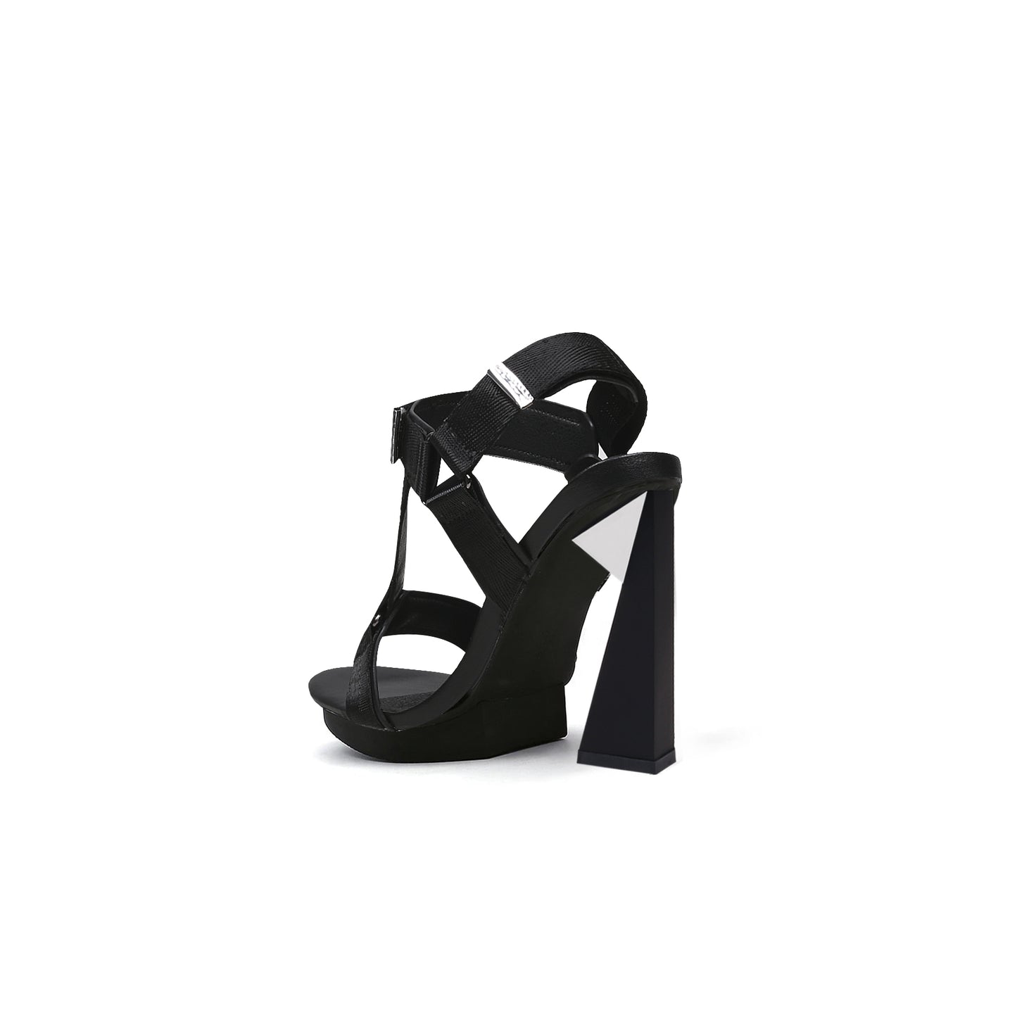 multi strap triangular geometric heels all black 4