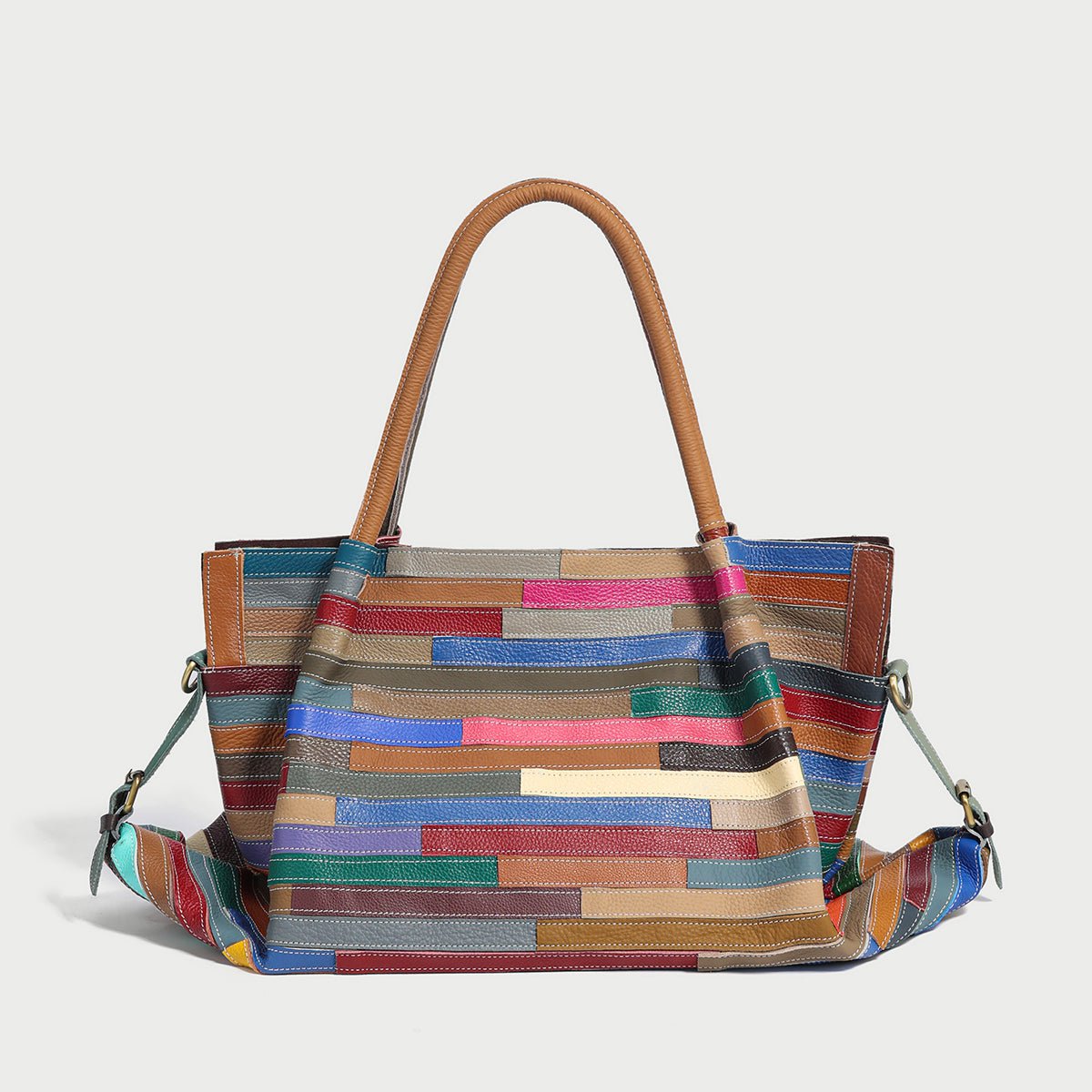 Multicolor Brick Patchwork Large Leather Tote Bag – Slouchy Horizontal Striped Cowhide Shoulder & Crossbody