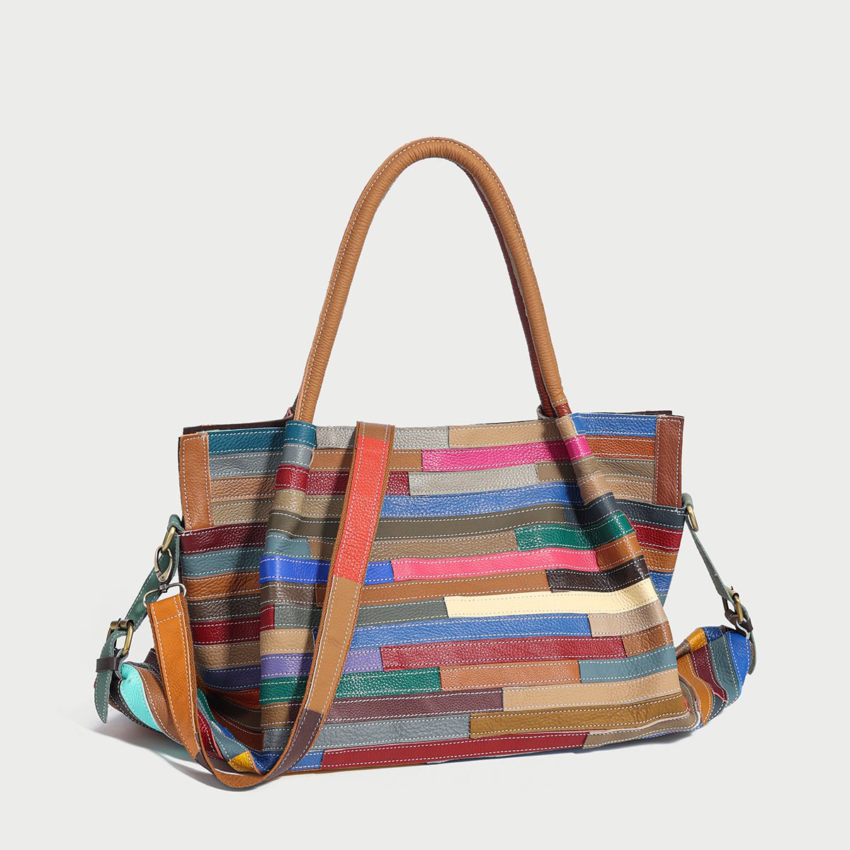 Multicolor Brick Patchwork Large Leather Tote Bag – Slouchy Horizontal Striped Cowhide Shoulder & Crossbody