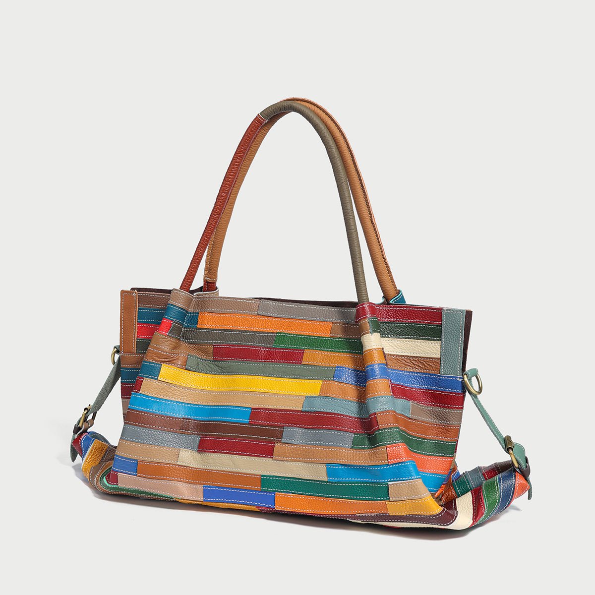Multicolor Brick Patchwork Large Leather Tote Bag – Slouchy Horizontal Striped Cowhide Shoulder & Crossbody