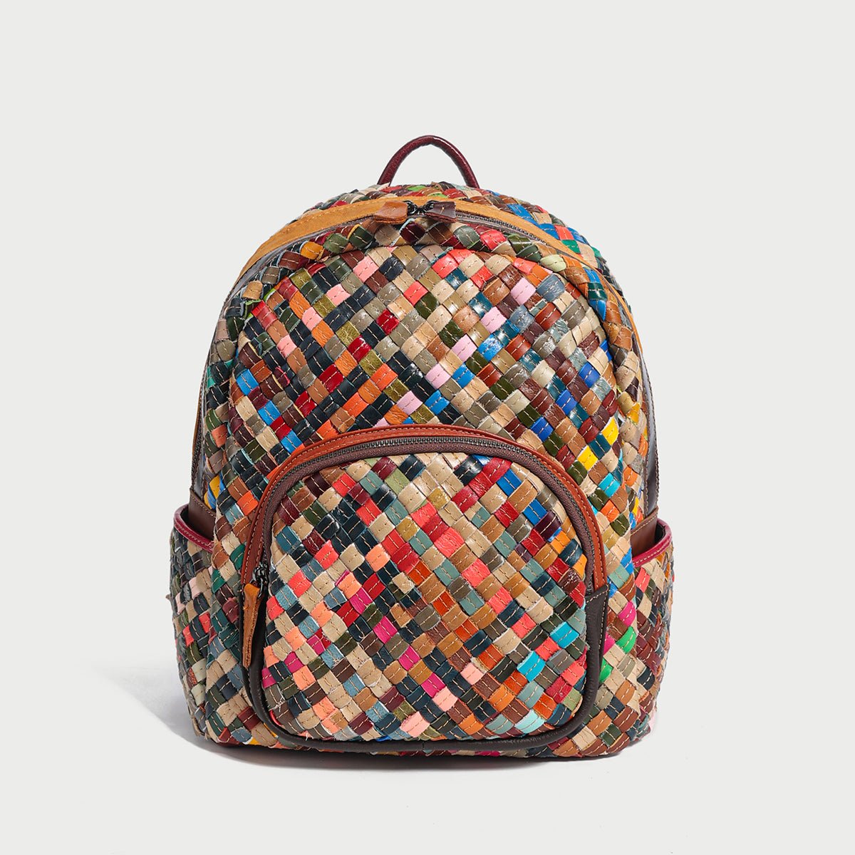 Multicolor Diamond Weave Leather Backpack – Artisanal Patchwork Cowhide School & Travel Daypack