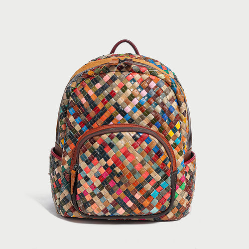 Multicolor Diamond Weave Leather Backpack – Artisanal Patchwork Cowhide School & Travel Daypack