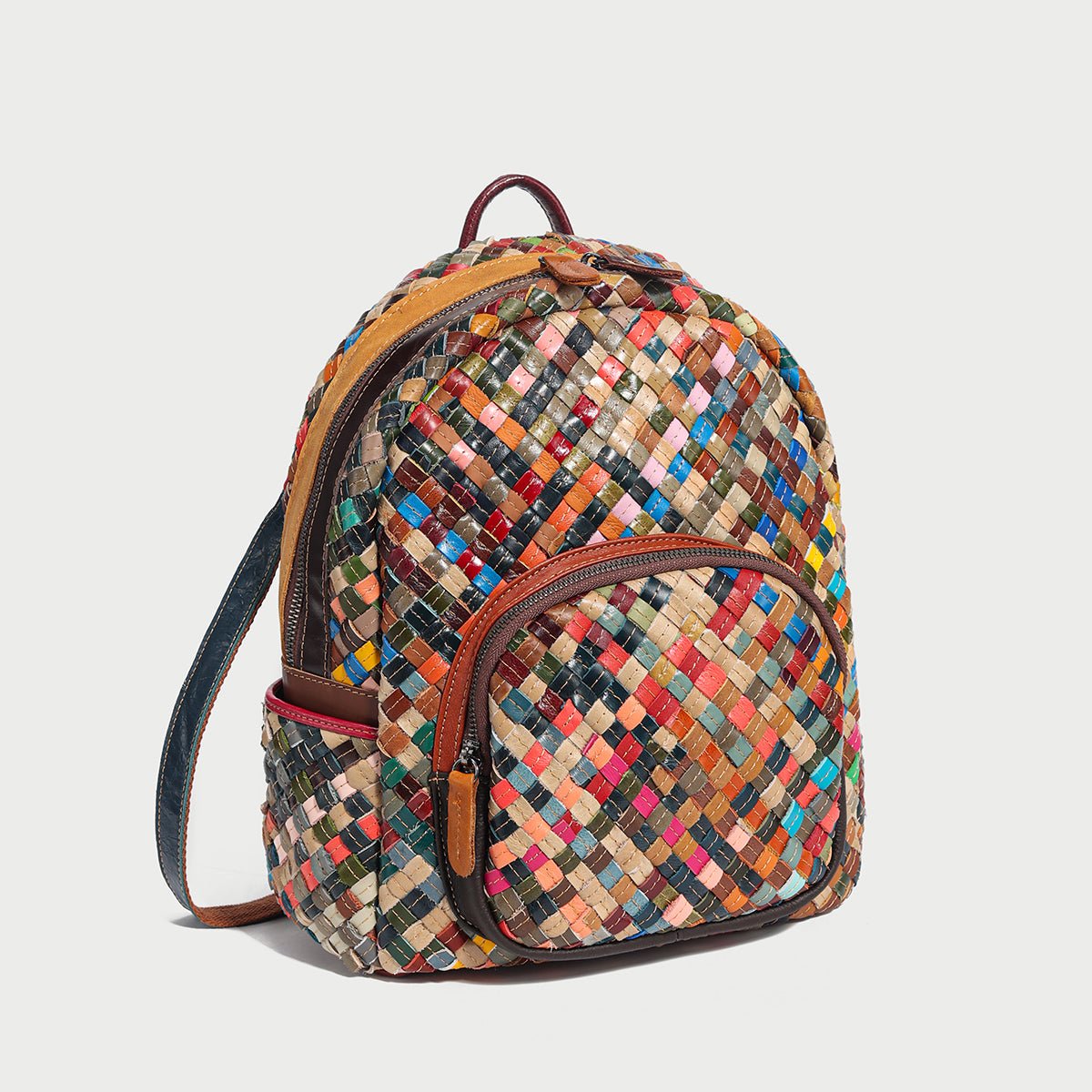 Multicolor Diamond Weave Leather Backpack – Artisanal Patchwork Cowhide School & Travel Daypack