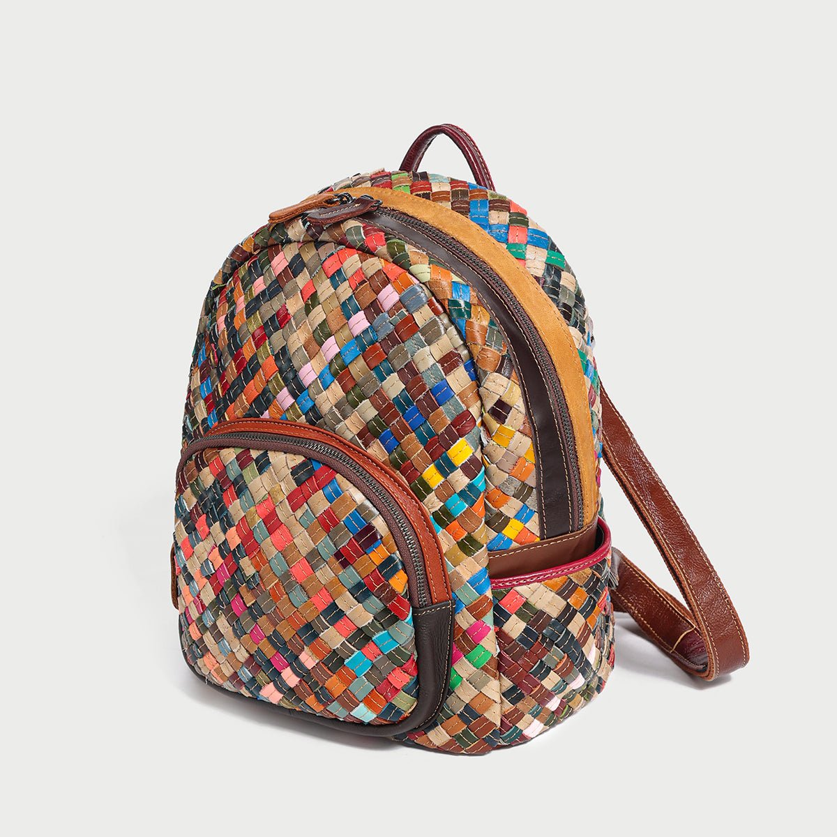 Multicolor Diamond Weave Leather Backpack – Artisanal Patchwork Cowhide School & Travel Daypack