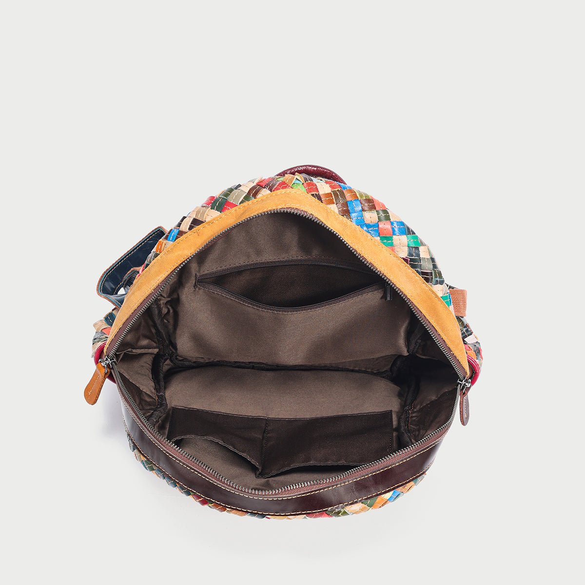 Multicolor Diamond Weave Leather Backpack – Artisanal Patchwork Cowhide School & Travel Daypack