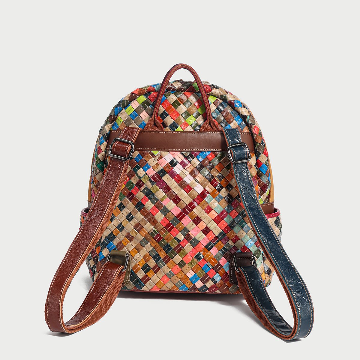 Multicolor Diamond Weave Leather Backpack – Artisanal Patchwork Cowhide School & Travel Daypack