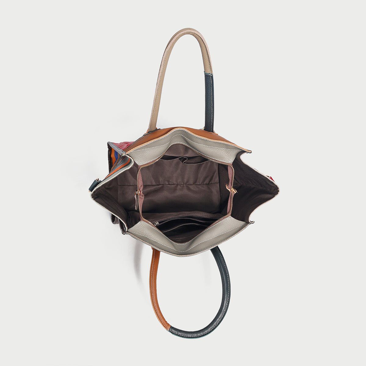 Multicolor Patchwork Leather Trapeze Tote Bag – Abstract Linear Top Handle with Detachable Strap