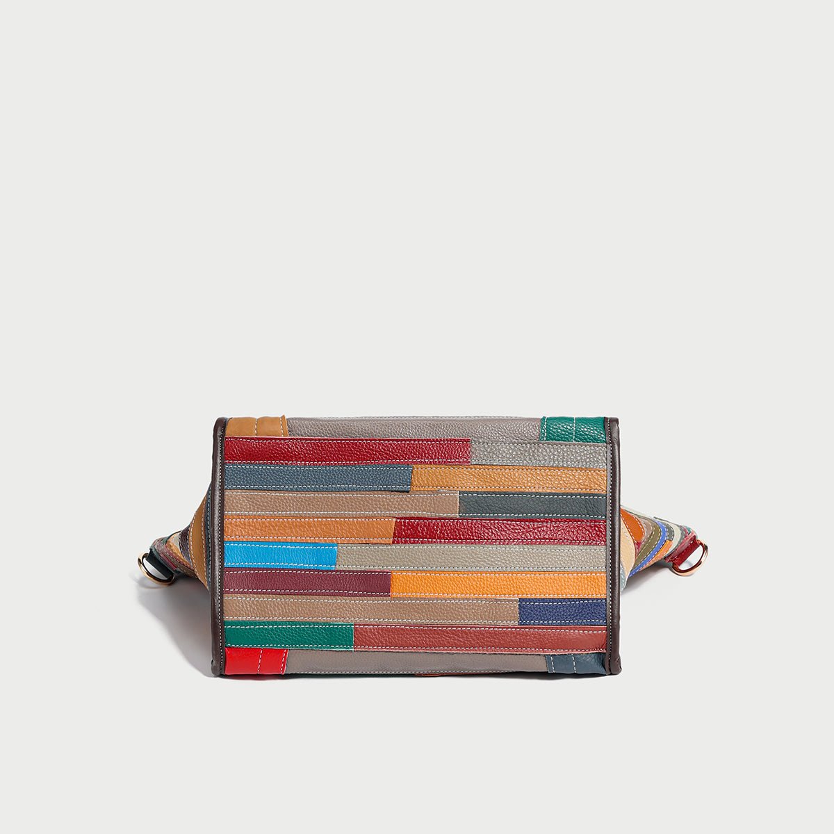 Multicolor Patchwork Leather Trapeze Tote Bag – Abstract Linear Top Handle with Detachable Strap