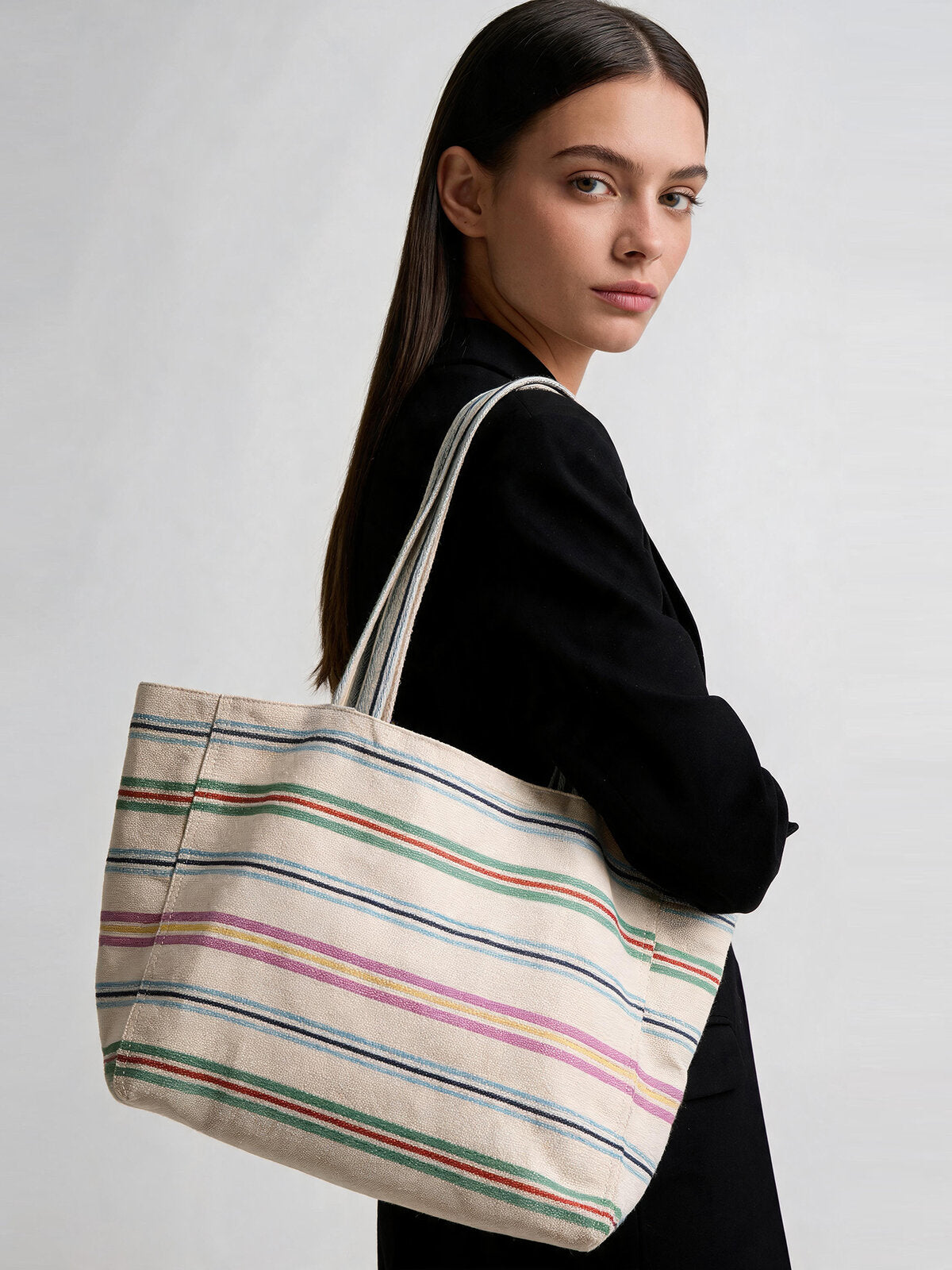 Multicolor Stripe Canvas Tote Bag – Oversized Large Capacity Commuter Shoulder Bag