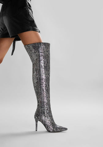 Mysterious Black Python Stiletto Knee High Boots