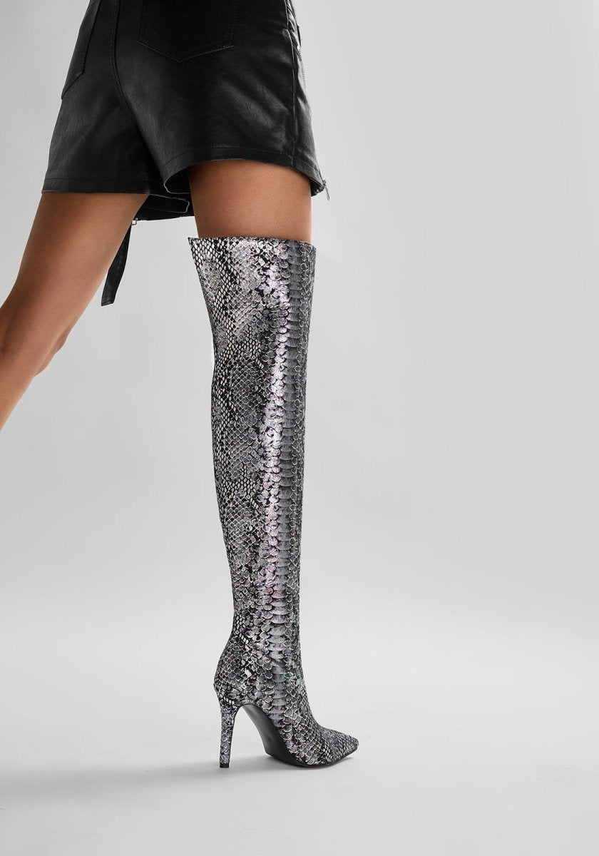Mysterious Black Python Stiletto Knee High Boots - 0cm