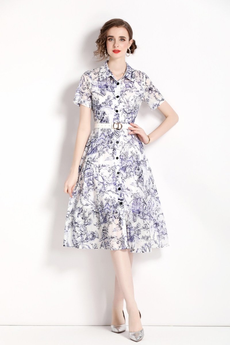 natural forest waist cinching flared work shirt dress all blue 2