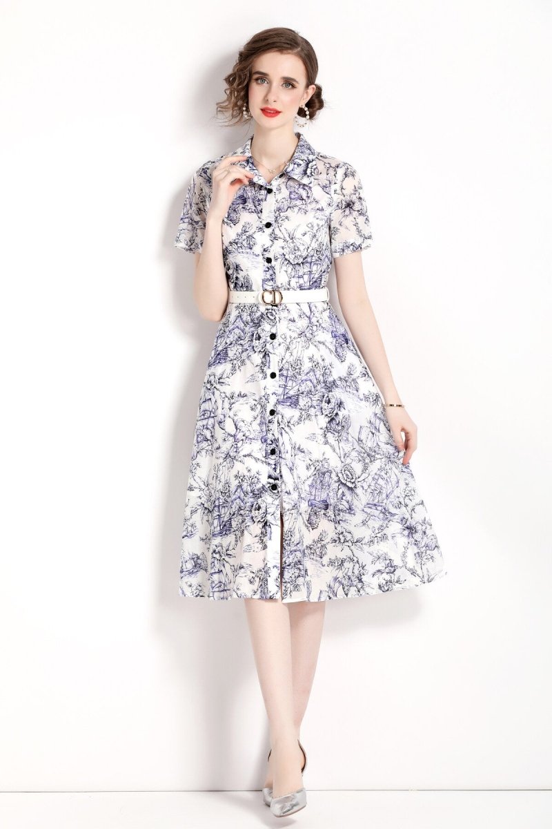 natural forest waist cinching flared work shirt dress all blue 3