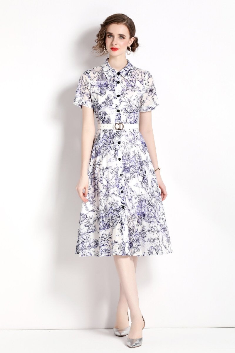 natural forest waist cinching flared work shirt dress all blue 1